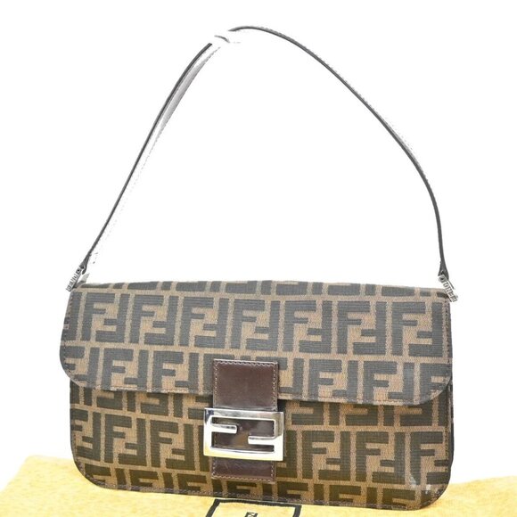 FENDI Logo Mamma Zucca Pattern Shoulder Bag Canvas Leather Brown Italy - Picture 1 of 16